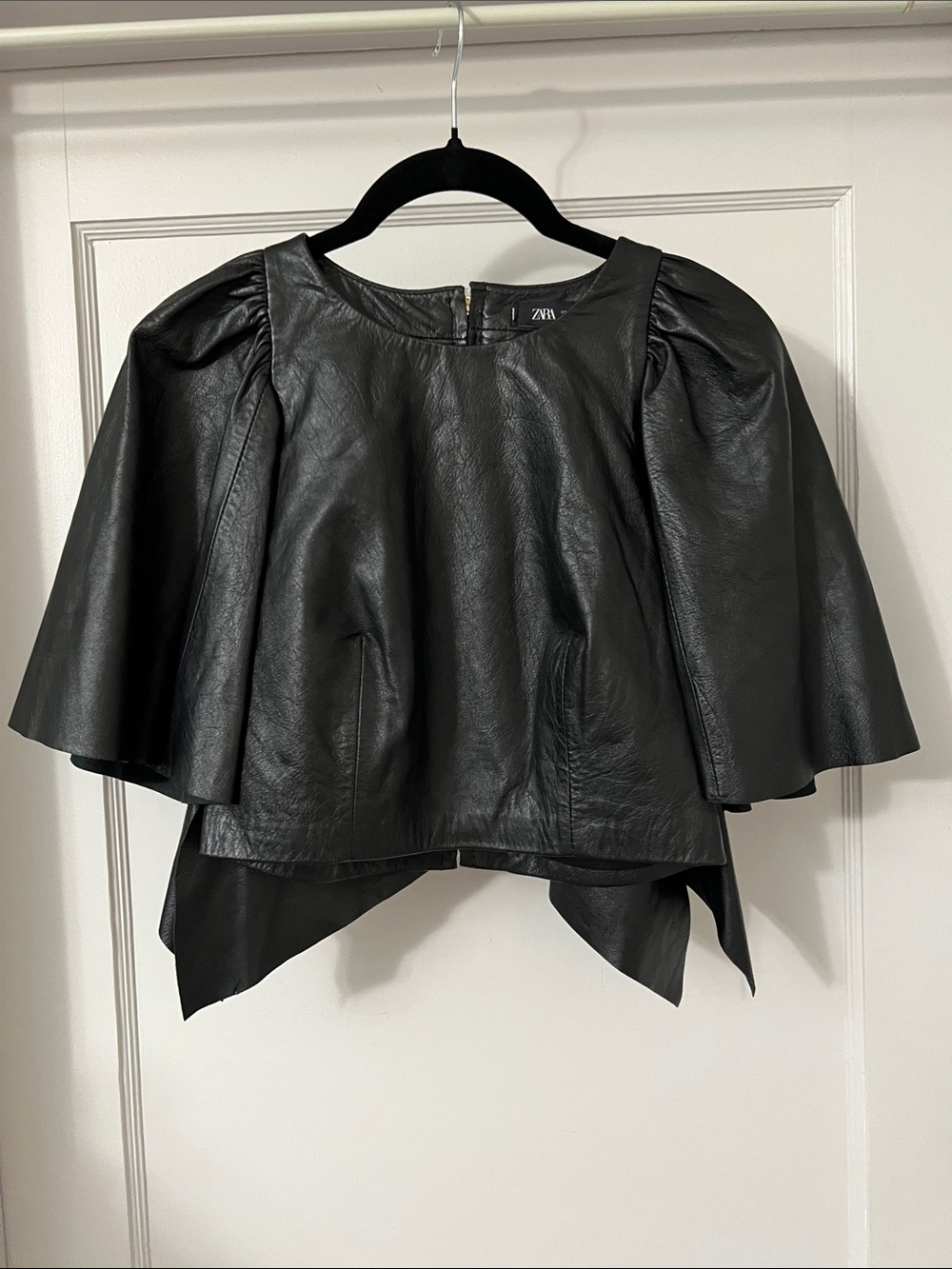 Zara Black Genuine Leather Cape-Sleeve Top